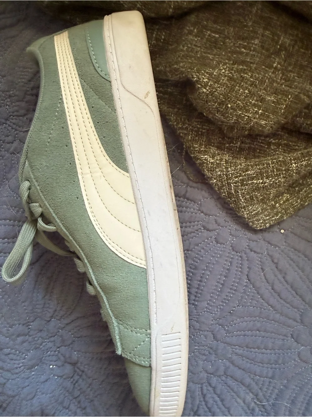 Puma Women's Suede Sneaker in Sage Green with White Stripe